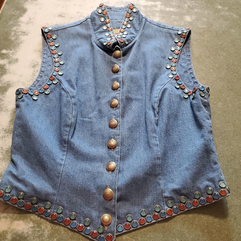 DOUBLE D RANCH  Denim Vest with Multicolor Stud Accents, M